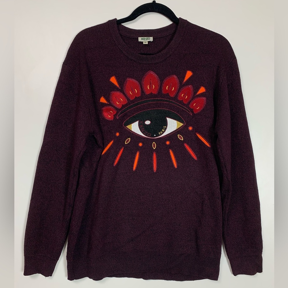 Kenzo Paris Evil Eye Crewneck Sweater Sz Medium Wool Blend Burgundy Embroidered